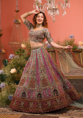 Buy Green Nylon net wedding mehndi wear lehenga choli at fealdeal.com